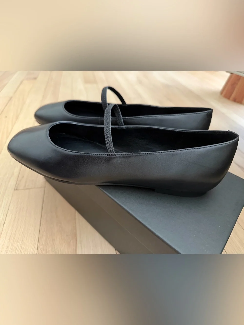 Marc Fisher Black Leather Square-Toe Mary Jane Flats with Elastic Strap